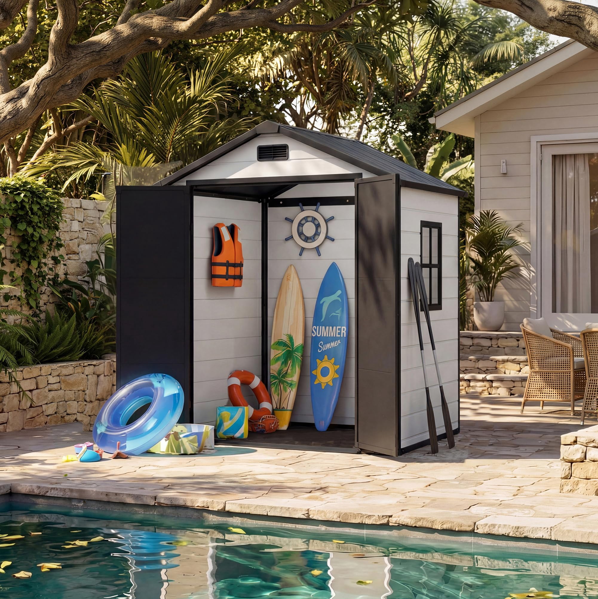 6x4 FT Plastic Resin Outdoor Storage Shed with Floor, Weatherproof Garden Shed with Window & Lockable Door for Tools, Bikes & Lawn Mowers-Gray+ Black