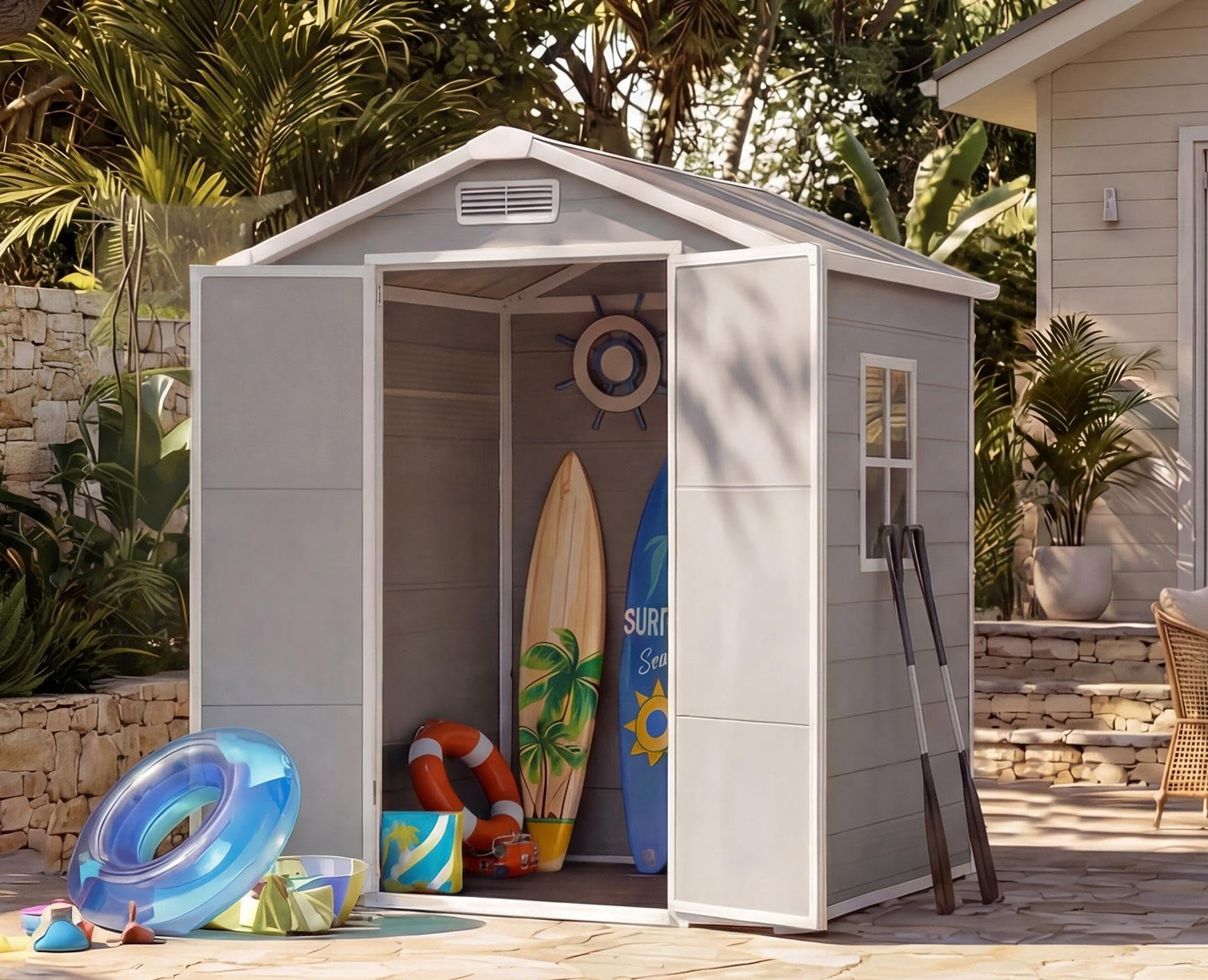 6x4 FT Plastic Resin Outdoor Storage Shed with Floor, Weatherproof Garden Shed with Window & Lockable Door for Tools, Bikes & Lawn Mowers-Gray