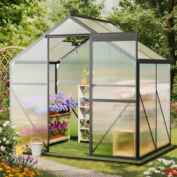 6x4 FT Polycarbonate Greenhouse for Outdoor Gardening - Easy Assembly, Aluminum Frame, Adjustable Roof Ventilation & Sliding Door