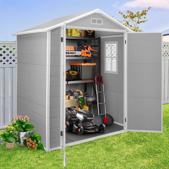 6x4 FT Resin Storage Shed, ENYOPRO Backyard Storage Sheds with Lockable Door, Garage Patio Garden Storage Shed, TE2770