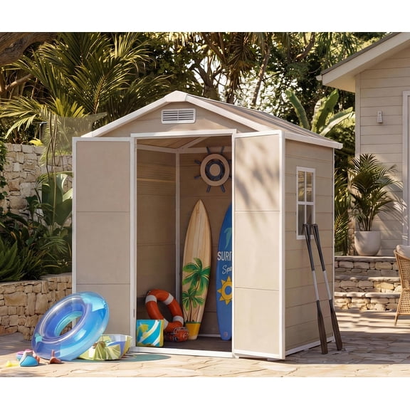 6x4 ft Outdoor Storage Shed with Floor, Plastic Resin Garden Shed with Window & Lockable Door, Tool Shed for Patio, Backyard, Lawn Mower, Bike Storage Light brown