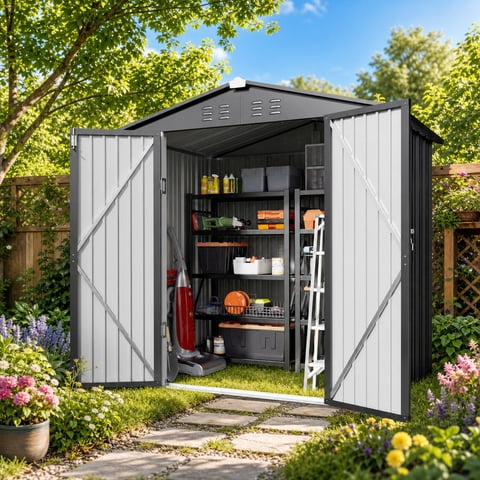 6x4 ft Outdoor Storage Shed with Double Lockable Doors - Weather-Resistant Garden Shed in Gray