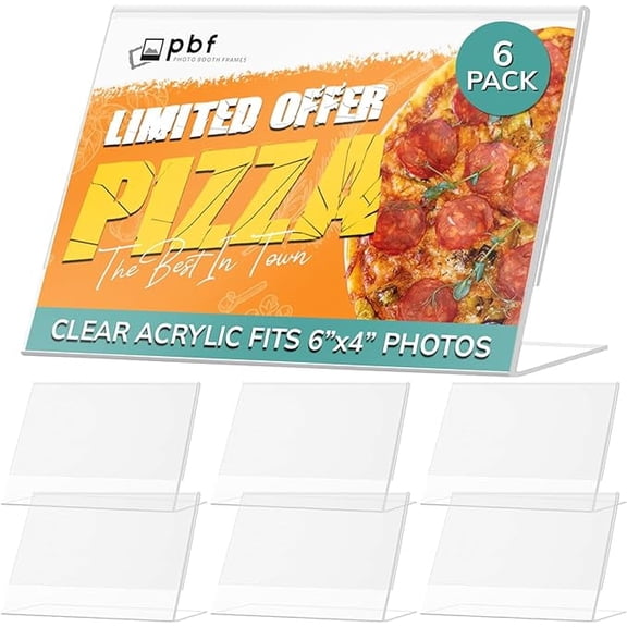 6x4 inch Acrylic Sign Holder | Vertical Stand Up Slanted Sign Holder | Acrylic Stands for Display | Clear Picture Frame, Menu Table Top Stand, Plastic Flyer Holder (6-Pack)