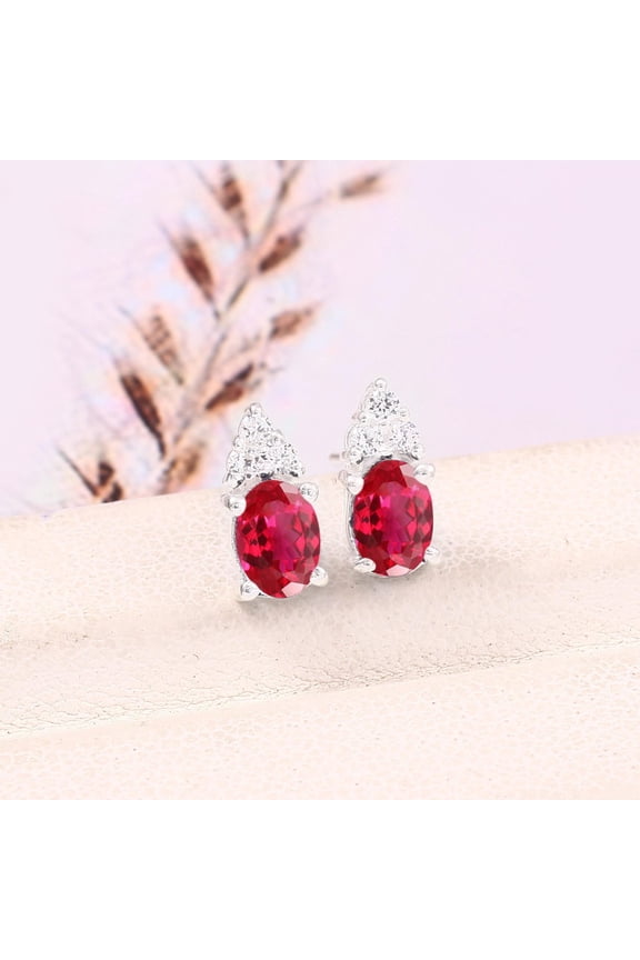 6x4 mm Oval Mozambique Red Ruby Stud Earrings with CZ Accents | Dainty Sterling Silver Gemstone Earrings | Birthstone Jewelry Gift for Her