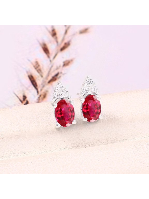 6x4 mm Oval Mozambique Red Ruby Stud Earrings with CZ Accents | Dainty Sterling Silver Gemstone Earrings | Birthstone Jewelry Gift for Her