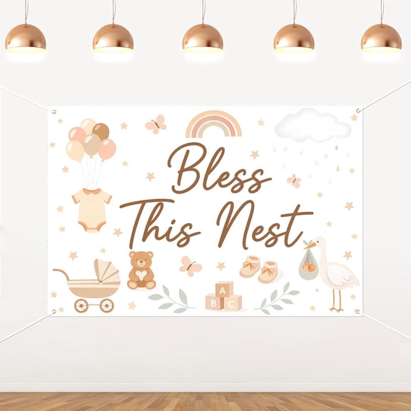 6x4FT Bless This Nest Baby Shower Backdrop Boho Nesting Gender Neutral Birthday Background Pastel Bear Stork Newborn Shower Birthday Party Decorations Banner Supplies Photo Booth Props