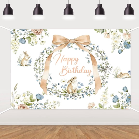 6x4FT Blue Bunny Birthday Backdrop Spring Easter Floral Bow Happy Birthday Background Farmhouse Rabbit Spring Easter Wildflower Birthday Party Decorations Banner Supplies Photo Booth Props