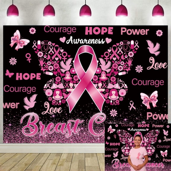 6x4FT Breast Cancer Awareness Backdrop Pink Ribbon Photography Background Hope Courage Power Love Decor Banner for October Pink Church Charity Event Survivor Party Photo Props Polyester