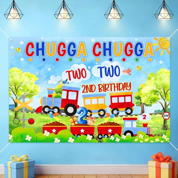 6x4FT Chugga Chugga Two Two Birthday Backdrop Train Theme 2nd Birthday Background Blue Sky Green Forest Train Second Birthday Party Decorations Banner Supplies Photo Booth Props
