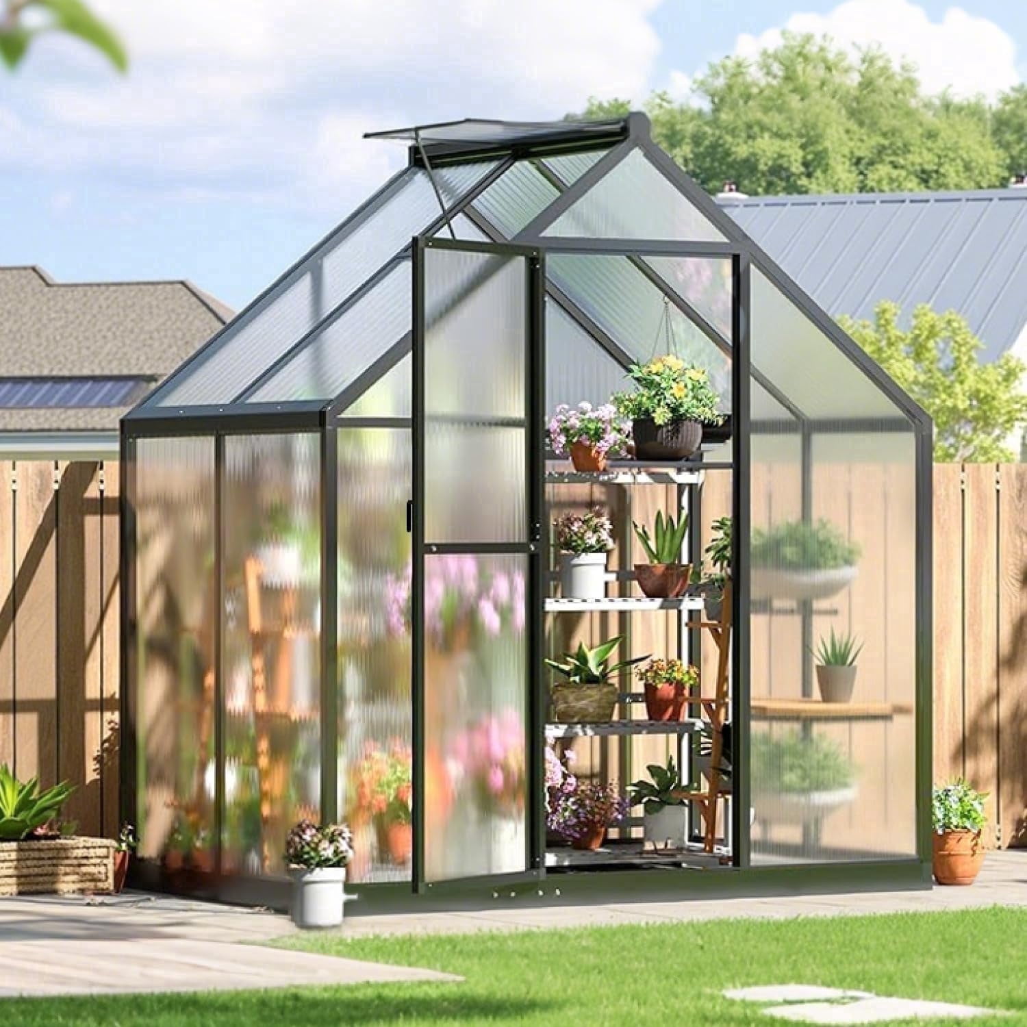 Sylviera 6x4ft Outdoor Walk-in Greenhouse, Heavy-Duty Polycarbonate Green House with Reinforced Aluminum Frame for Garden, Backyard, and Winter Planting