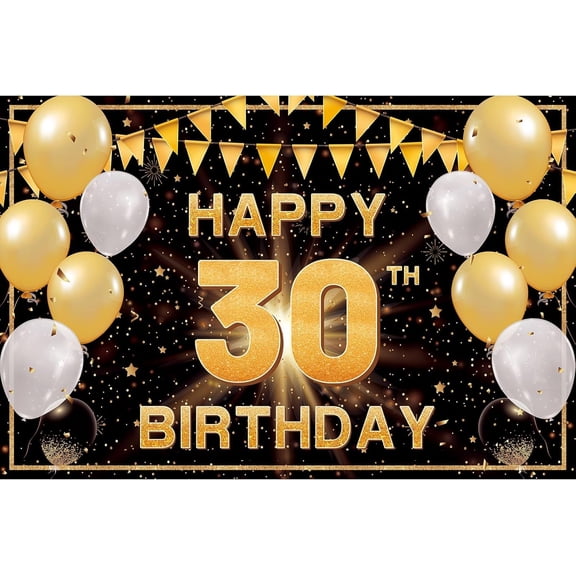 6x4FT Happy 30th Birthday Backdrop for Men Women White Black Gold Glitter Balloons 30 Birthday Photography Background 30 Year Old Birthday Party Decorations Banner Supplies Photo Booth Props