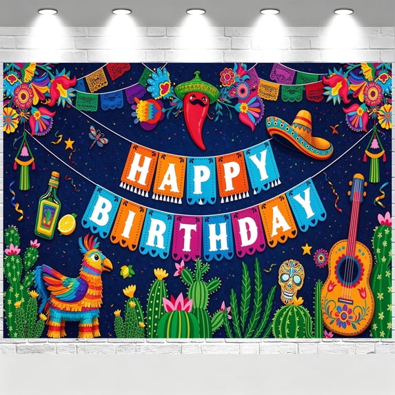 6x4FT Happy Birthday Backdrop Mexican Fiesta Green Guitar Birthday ...