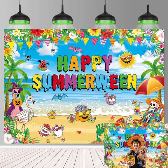 6x4FT Happy Summerween Backdrop Summer Halloween Photography Background Summer Halloween Birthday Party Decorations Banner for Boy Girl Photoshoot Photo Props Polyester