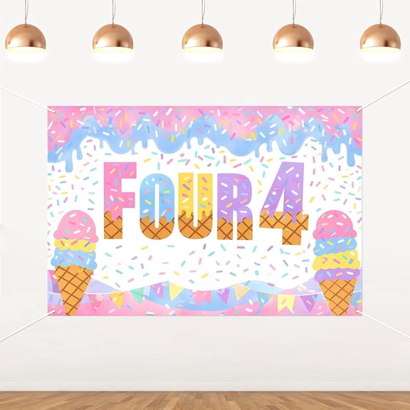 6x4FT Ice Cream Four Birthday Backdrop Pastel Sprinkles Ice Cream 4th Birthday Background for Girls Sweet Four Ever Sweet Birthday Party Decorations Banner Supplies Photo Booth Props