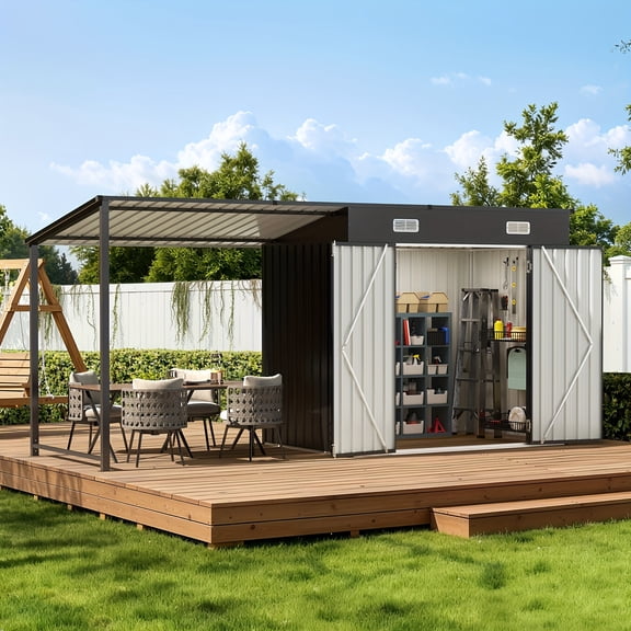 6x4FT Outdoor Storage Shed & Hardtop Gazebo Combo, 2-in-1 Outdoor Combo, 12x4FT Metal Lean To Shed With Open-Sided Pergola, Durable Garden Tool Shed For Patio, Backyard, Deck..