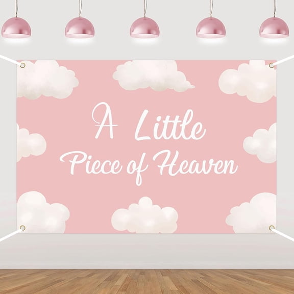 6x4FT Pink Sky Baby Shower Backdrop A Little Piece of Heaven Photography Background for Girls White Clouds Newborn Shower Birthday Party Decorations Banner Supplies Photo Booth Props