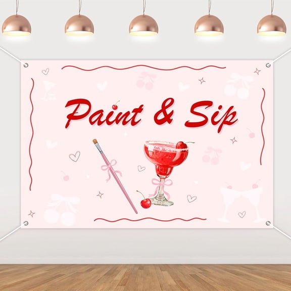 6x4FT Red Pink Paint and Sip Backdrop for Women Girls Cherry Cocktail Art Painting Bachelorette Photography Background Artist Let's Sip Birthday Party Decorations Banner Supplies Photo Booth Props