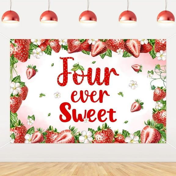 6x4FT Strawberry 4th Birthday Decorations Banner for Girls Four Ever Sweet Strawberry Birthday Backdrop Pink and Red Background for 4 Year Old Berry Sweet 4th Birthday Party Supplies