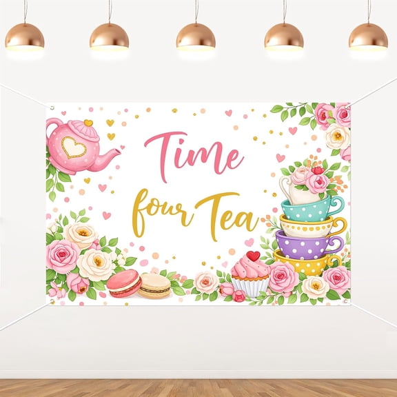 6x4FT Time Four Tea Birthday Backdrop Pink Floral Teacup Let's Partea Background for Girls Princess 4th Tea Birthday Party Decorations Banner Supplies Photo Booth Props