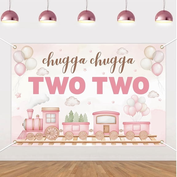 6x4FT Train Themed 2nd Birthday Backdrop Chugga Chugga Two Two Birthday Background Pink Railroad 2 Years Old Birthday Party Decorations Banner Supplies Photo Booth Props