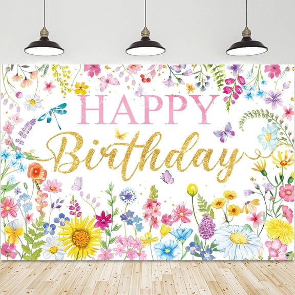 6x4FT Wildflower Birthday Backdrop Watercolor Floral Butterfly Happy Birthday Background Greenery Garden Wild Flower Spring Summer Birthday Party Decorations Banner Supplies Photo Booth Props