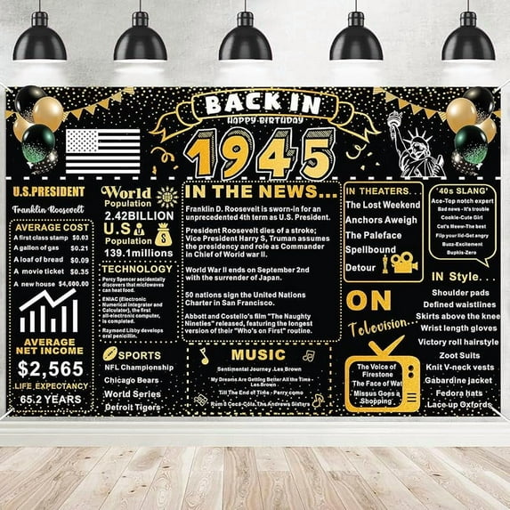 6x4Ft Back In 1945 Gold and Black 80th Birthday Decorations Happy 80th Birthday Banner Vintage Birthday 80 Years Ago Theme Backdrop Decor 80th Gifts for Man and Woman 80th Birthday Party Supplies
