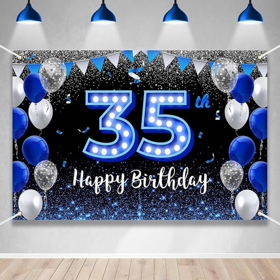 6x4Ft Happy 35th Birthday Backdrop Banner Blue Black Theme Background with Blue Neon Light Shiny Fashion Birthday Party Photo Photography Prop Booth Background for Men Women Celebration