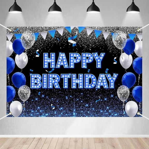 6x4Ft Happy Birthday Backdrop Banner Blue Black Theme Background with Neon Light Shiny Fashion Birthday Party Photo Photography Prop Booth Background for Adults Boys Girls Celebration