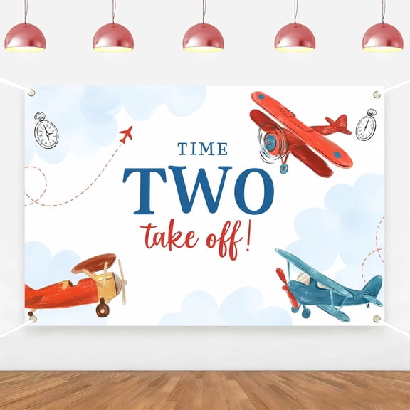 6x4Ft Time Two Take Off Backdrop Airplane 2nd Birthday Background Blue Red Plane Aviation 2 Bday Party Decorations Banner Supplies Photo Props