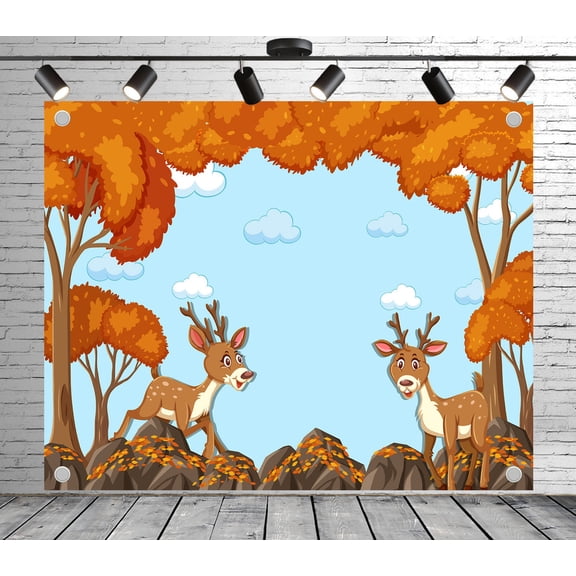 6x4ft Autumn Forest with Cartoon Deer Backdrop Photoshoot Photo Backdrop Nature Scene Background for Theme Party Wedding Birthday Baby Shower Decoration Banner Photo Booth Studio Props