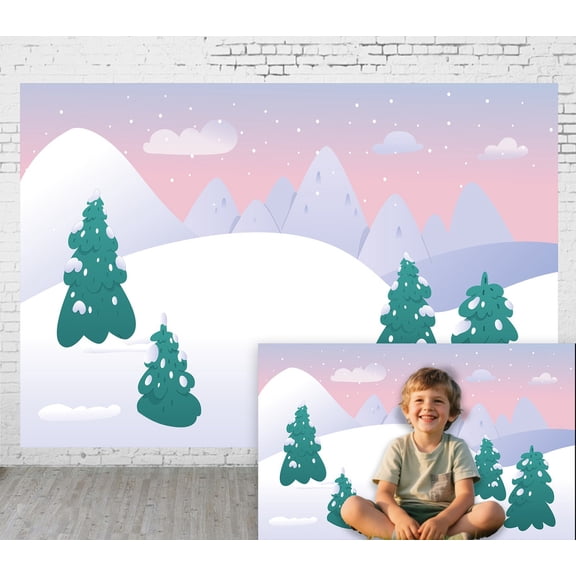 6x4ft Fabric Outdoor Background Flat Illustration Style Snow Scenery Snow Mountain Pine Blue Sky Picnic Camping Hiking Home Decoration Wedding Photoshoot Birthday Party Backdrop
