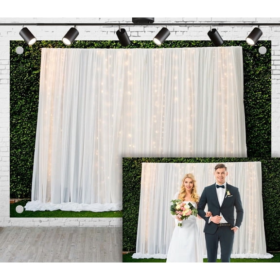 6x4ft Forest Wedding Photoshoot Backdrop White Multi-Layer Tulle With Warm Yellow String Lights Ceremony Party Engagement Proposal Background Photography Studio Props