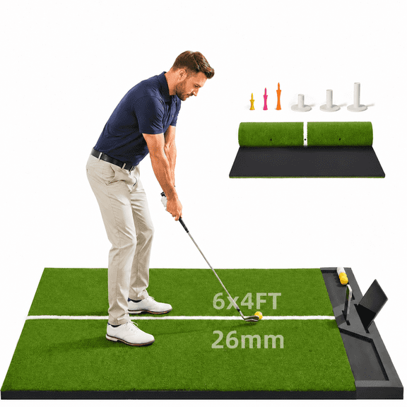 6x4ft Golf Hitting Mat, Heavy Duty Golf Practice Mat with Ball Tray & Phone Slot, Artificial Turf Golf Simulator Mat with Alignment Line for Indoor & Outdoor Driving Range Use