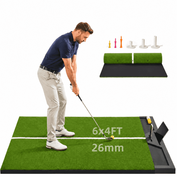 6x4ft Golf Hitting Mat, Heavy Duty Golf Practice Mat with Ball Tray & Phone Slot, Artificial Turf Golf Simulator Mat with Alignment Line for Indoor & Outdoor Driving Range Use
