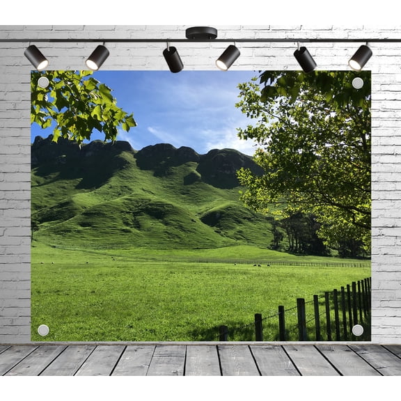 6x4ft Grass Backdrop Green Pasture with Hills and Wooden Fence Photo Backdrop Greenery Background Decoration Banner for Theme Party Wedding Birthday Baby Shower Photo Booth Studio Props