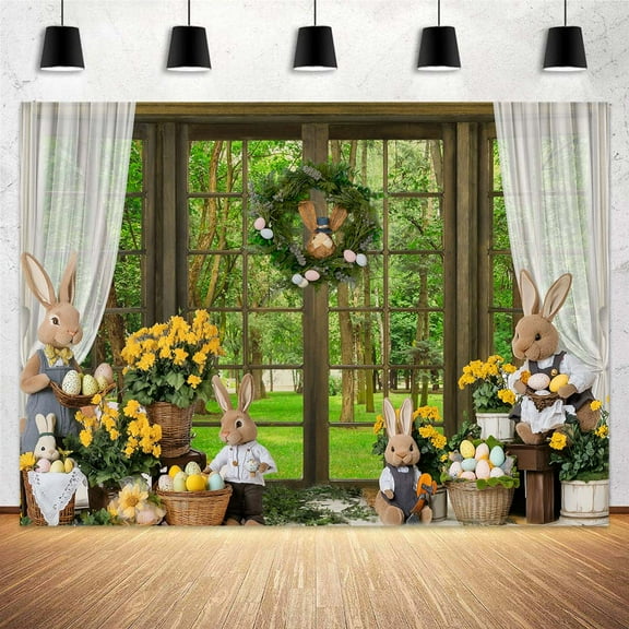 6x4ft Happy Easter Photography Backdrop Spring Garden Bunny Eggs Wooden Window Decoration Kids Photography Backdrop Farmhouse Funny Rabbit Party Decor Photo Backdrops Kids Photo Booth Props Background