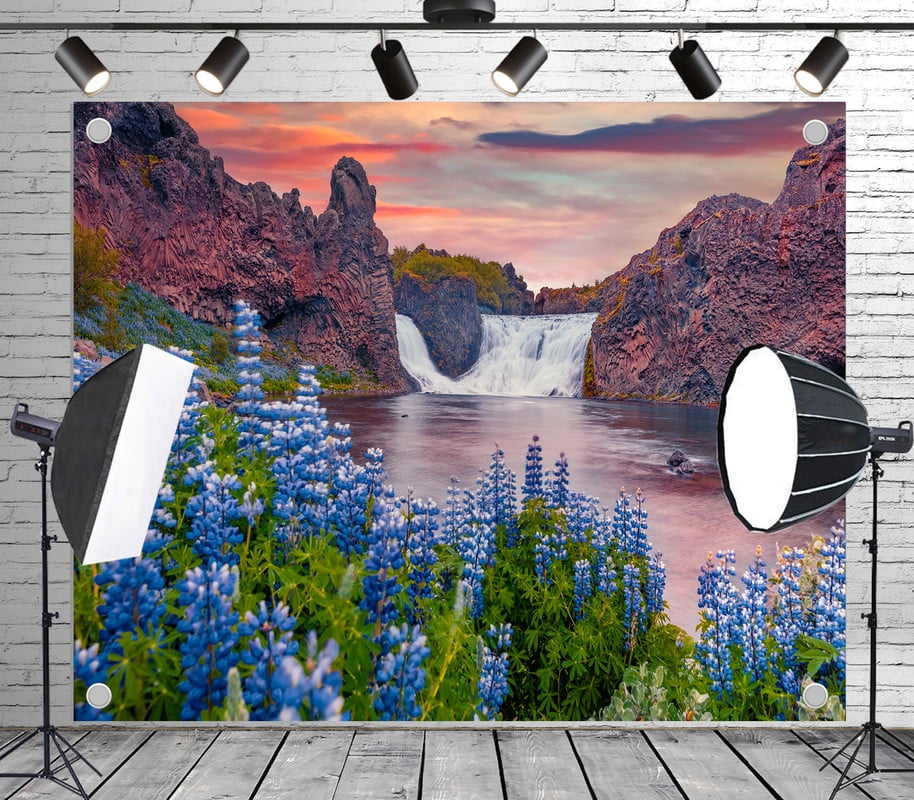 6x4ft Outdoor Background Blue Lupines Waterfall Rocky Cliffs Colorful ...