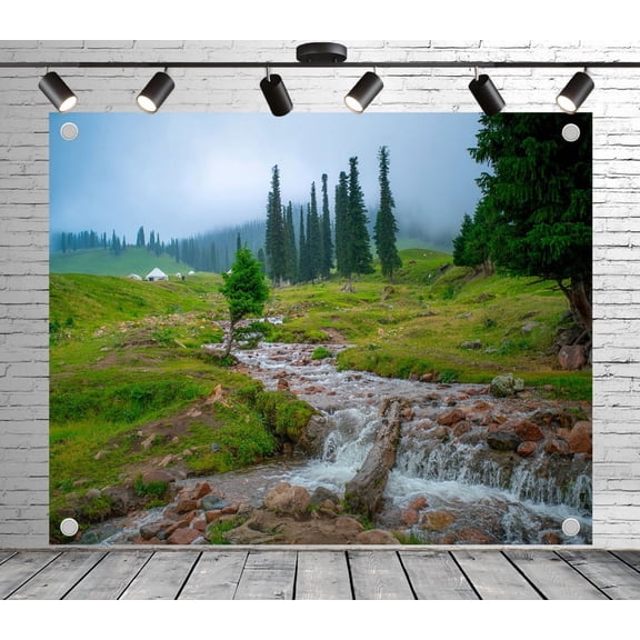 6x4ft Outdoor Background Flowing Stream Green Meadow Pine Forest Misty Mountains White Yurts Scenic Wedding Birthday Party Photography Backdrop