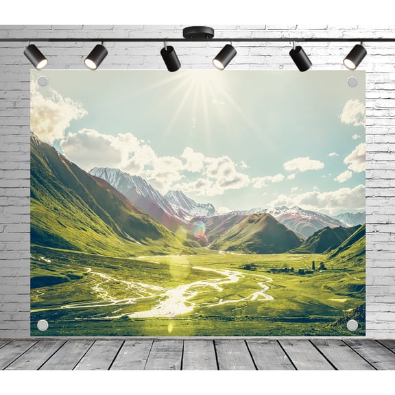 6x4ft Outdoor Background Sunlit Snow Capped Mountains Winding Stream Green Valley Scenic Wedding Birthday Party Photography Backdrop