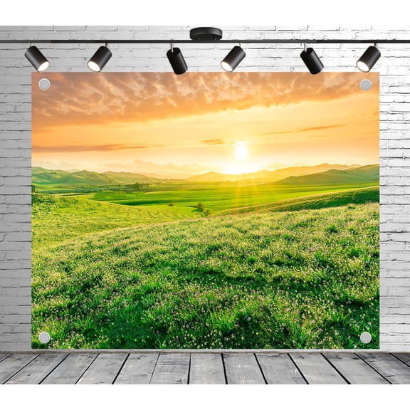 6x4ft Outdoor Background Sunset Kissed Flowering Meadow & Rolling Hills Scenic Wedding Birthday Party Photography Backdrop