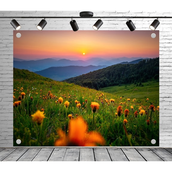 6x4ft Outdoor Background Sunset Orange Wildflowers Mountain Meadow Scenic Wedding Photoshoot Birthday Party Photography Backdrop