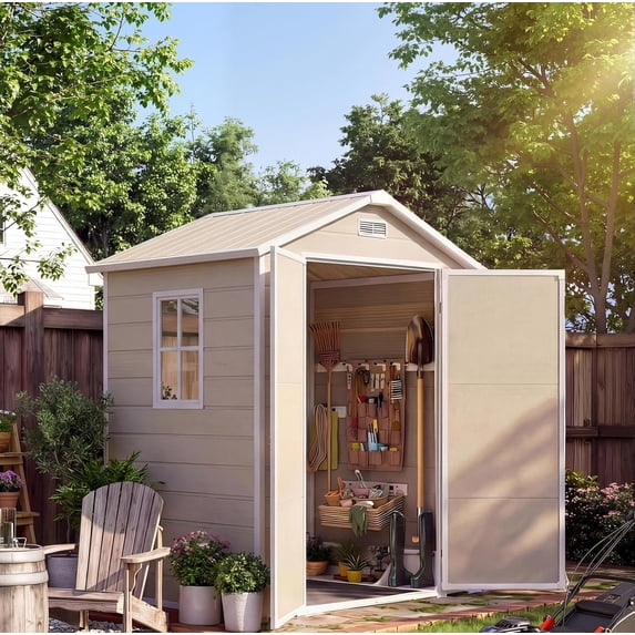 6x4ft Outdoor Storage Shed, Resin Garden Tool Shed with 1 Vision Windows, for Mower Lawn, Garden Tool for Backyard Lawn Patio, Lockable