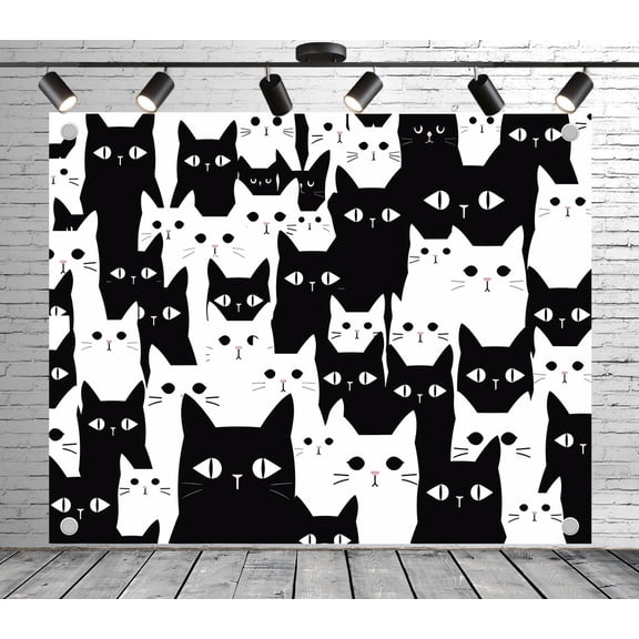 6x4ft Patterned Backdrop Black and White Cartoon Cat Photo Background Decoration Banner for Theme Party Wedding Birthday Baby Shower Photo Booth Studio Props