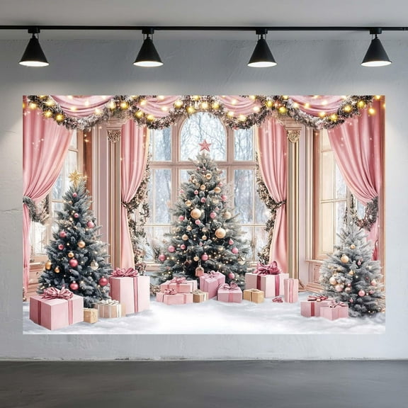 6x4ft Pink Christmas Backdrop for Photography Christmas Xmas Window Snowy Winter Scenery Photography Background Fireplace Curtain Snowy Forest Outside The Window Family Photo Shoot Booth Props