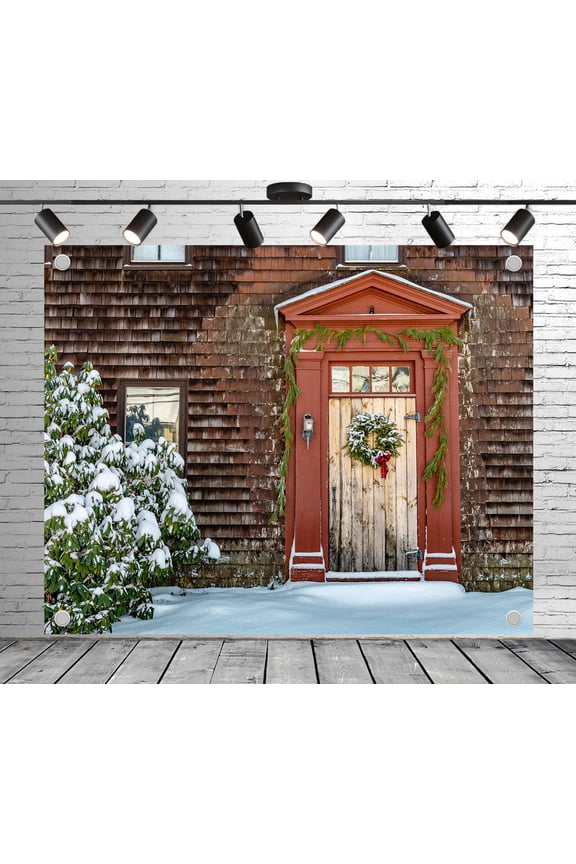 6x4ft Rustic Backdrop Snowy House Wooden Door Wreath Photo Backdrop Wood Panel Background for Theme Party Wedding Birthday Baby Shower Decoration Banner Photo Booth Props