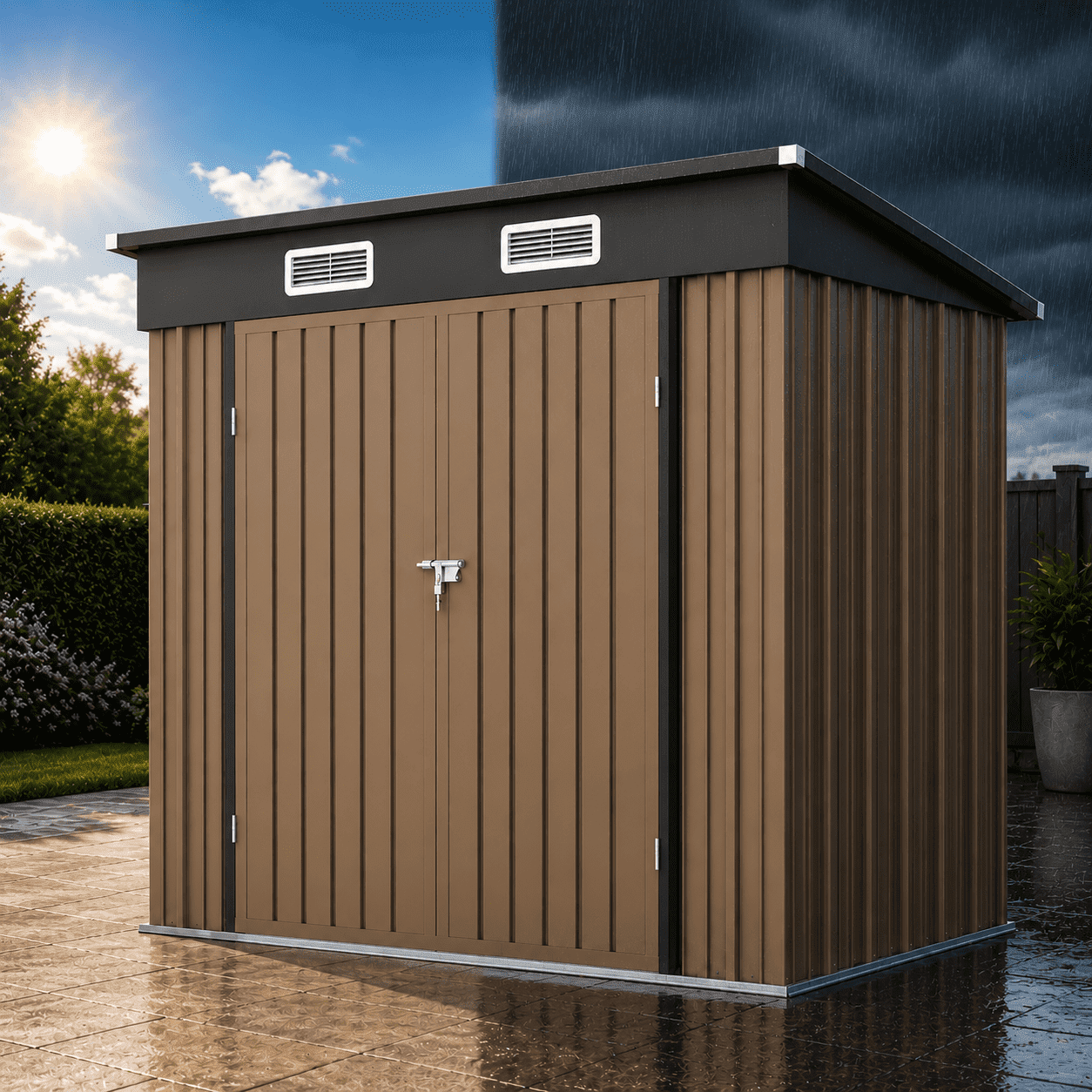 6x4ft Shed Outdoor Storage, All-weather Metal Garden Shed W/Floor, Galvanized Steel Tool Storage Shed, Double Lockable Doors, Brown