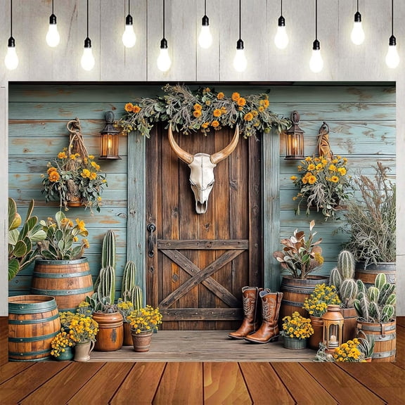 6x4ft Western Cowboy Backdrop for Photography Rustic Wooden House Barn Door Vintage Western Photoshoot Wild West Saloon Cow Skull Party Decorations Banner Background Cowboy Family Photo Props