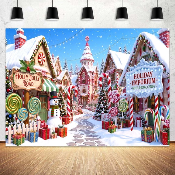 6x4ft, Winter Christmas Candyland Candy Village Backdrop Snowy Xmas Town Sweet Candy Canes Snowman Gift Decor Photography Background for Kids Xmas Party Winter Holiday Studio Supplies Banner