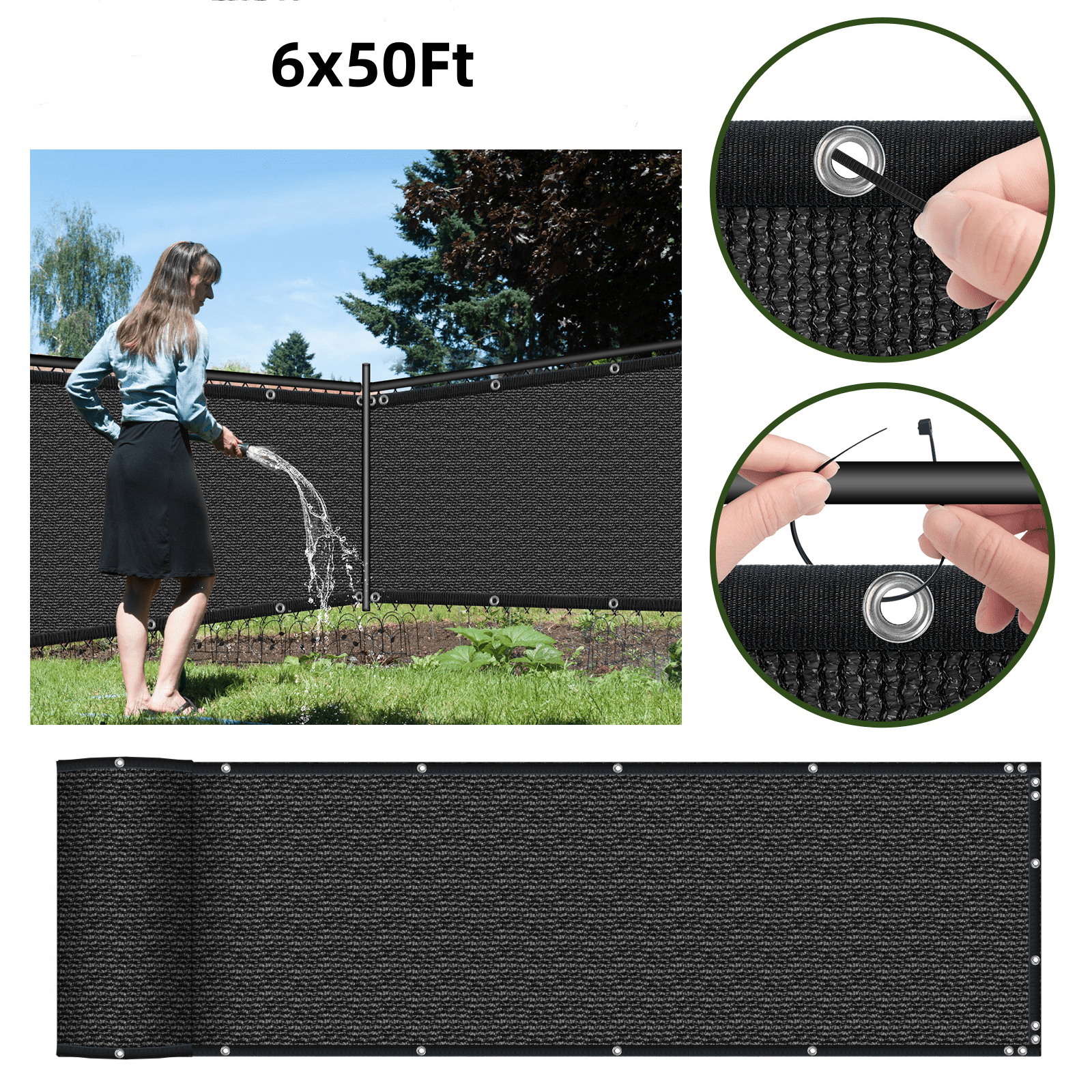 6x50ft Fence Privacy Screen, Outdoor Balcony Shade Cloth with 90% Shade Rating, 170 GSM Polyethylene Fabric Black, 80PCS Zip Ties Included