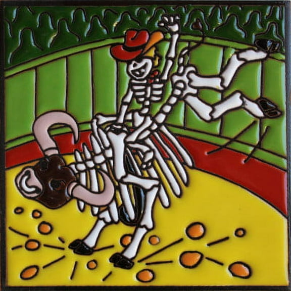 6x6 Bull Rider. Day-Of-The-Dead Clay Tile